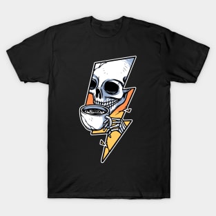 skull drinking coffee and lightning bolt shape T-Shirt